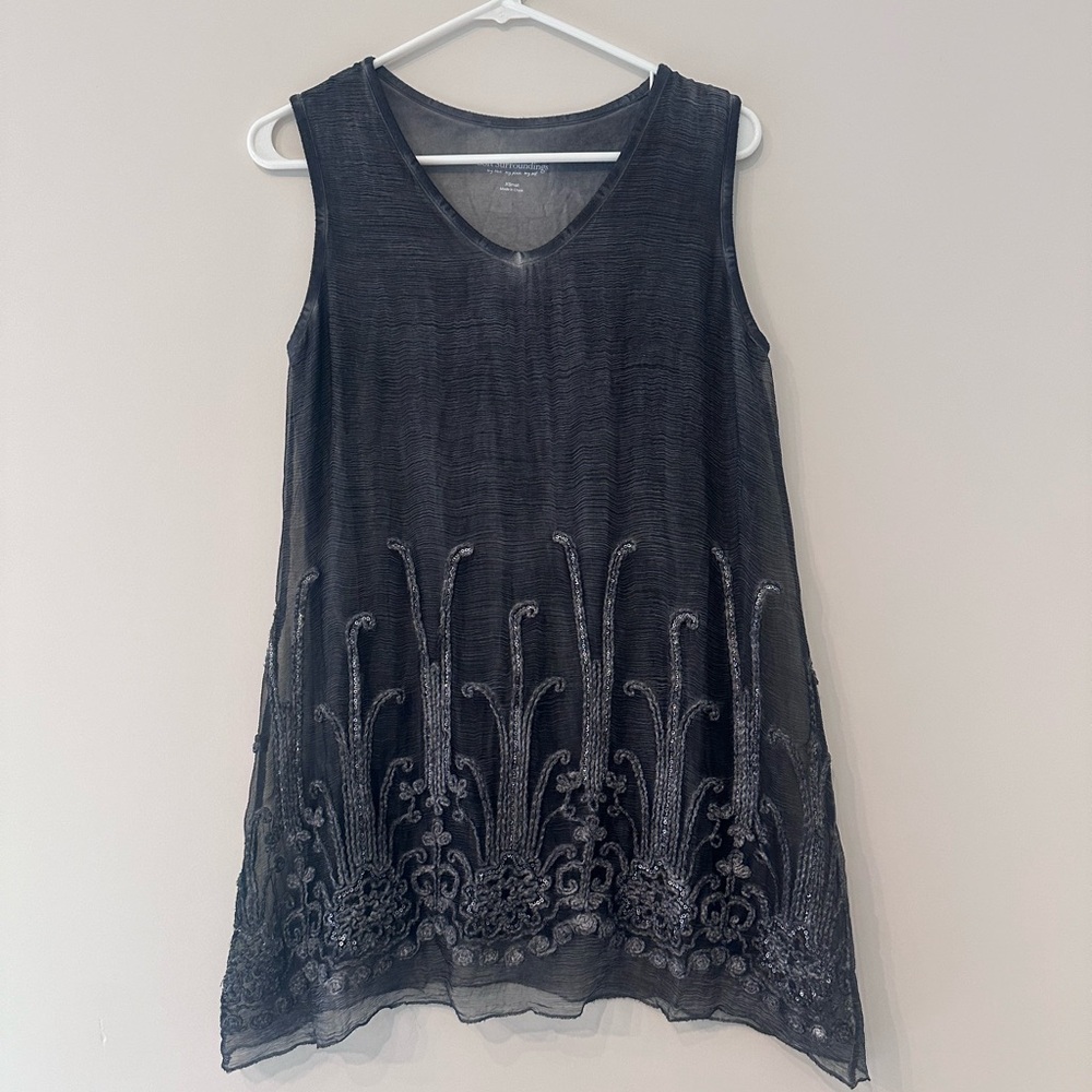 Soft Surroundings Womens XS tank top Crinkle Gray Overlay Tunic Top
